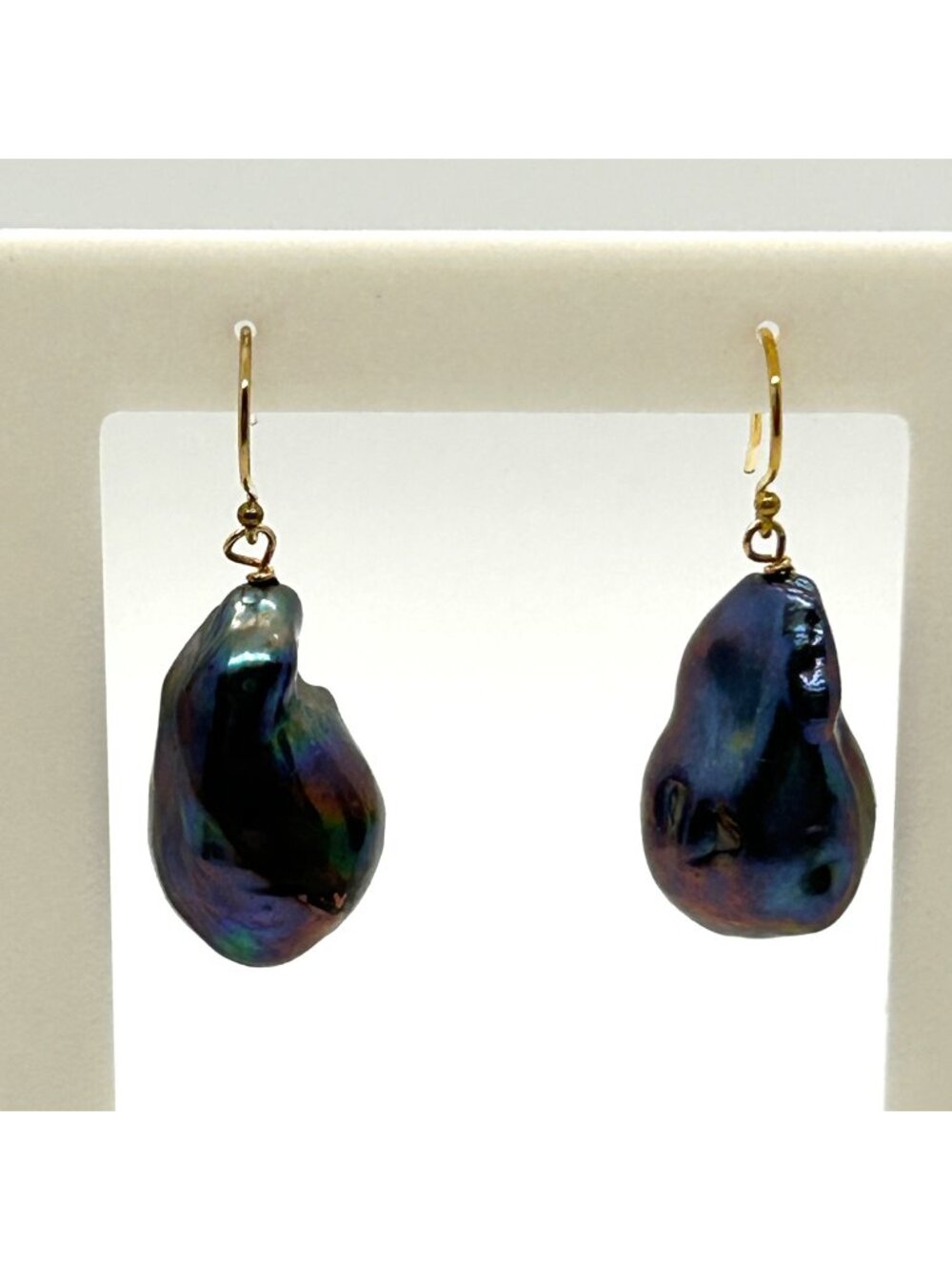 Baroque Black Pearl Earrings Dangle Iridescent Peacock Cultured 12K 1/20 GF Wire